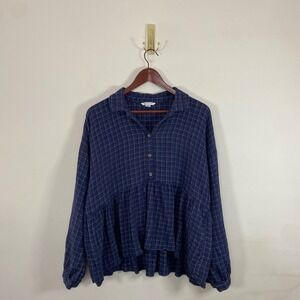 American Eagle Babydoll Blue Plaid Top Long Sleeve Collared Shirt Size M Prairie